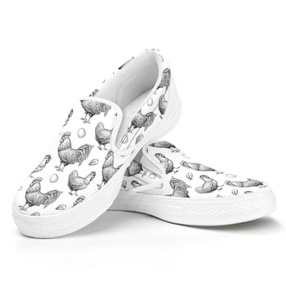 Hand Drawn Chicken Pattern Print White Slip On Shoes