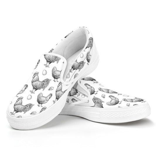 Hand Drawn Chicken Pattern Print White Slip On Shoes