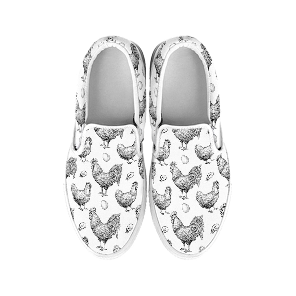 Hand Drawn Chicken Pattern Print White Slip On Shoes