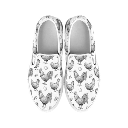 Hand Drawn Chicken Pattern Print White Slip On Shoes