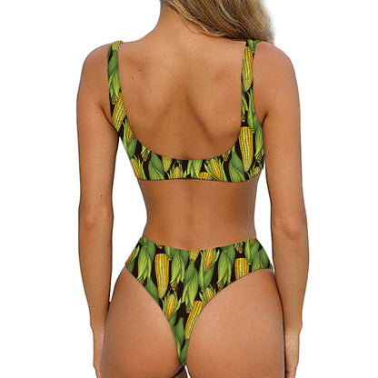 Hand-Drawn Corncob Pattern Print Front Bow Tie Bikini