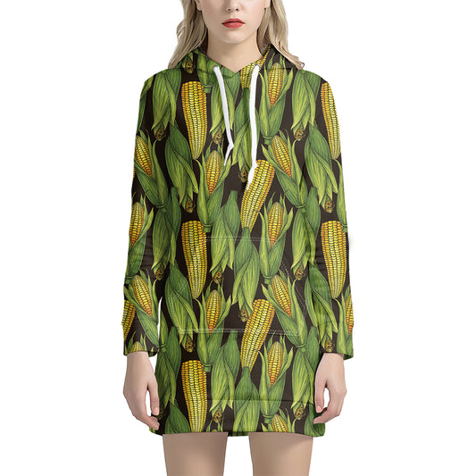 Hand-Drawn Corncob Pattern Print Hoodie Dress