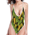 Hand-Drawn Corncob Pattern Print One Piece High Cut Swimsuit