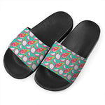 Hand Drawn Dragon Fruit Pattern Print Black Slide Sandals