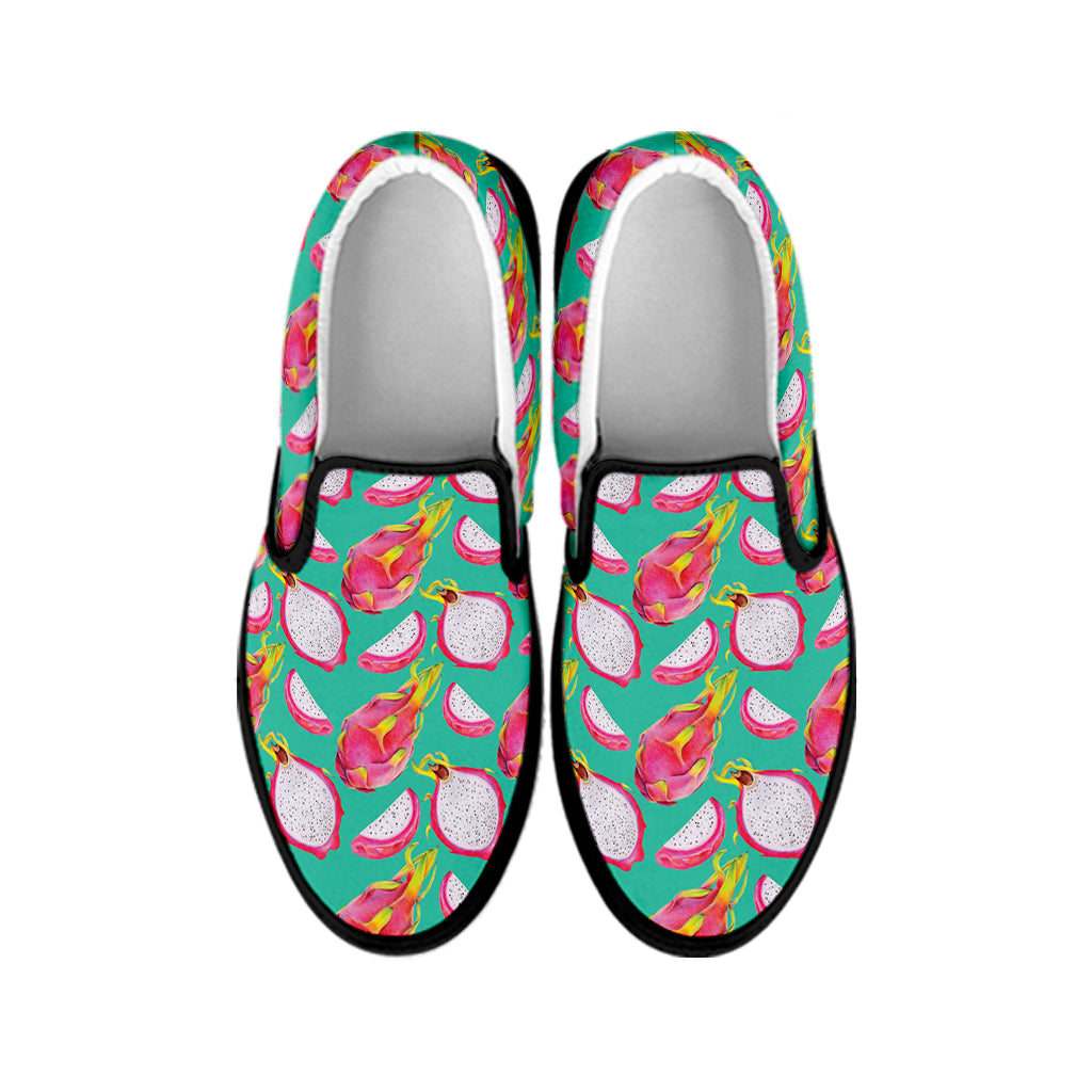 Hand Drawn Dragon Fruit Pattern Print Black Slip On Shoes