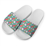 Hand Drawn Dragon Fruit Pattern Print White Slide Sandals