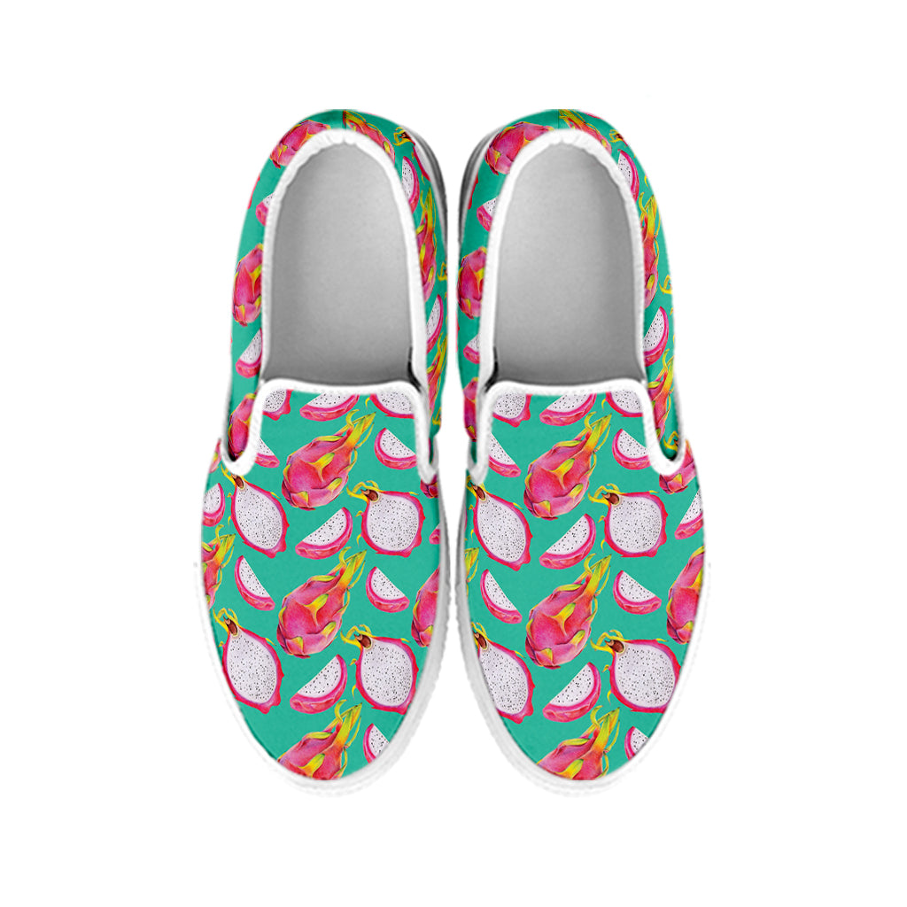 Hand Drawn Dragon Fruit Pattern Print White Slip On Shoes
