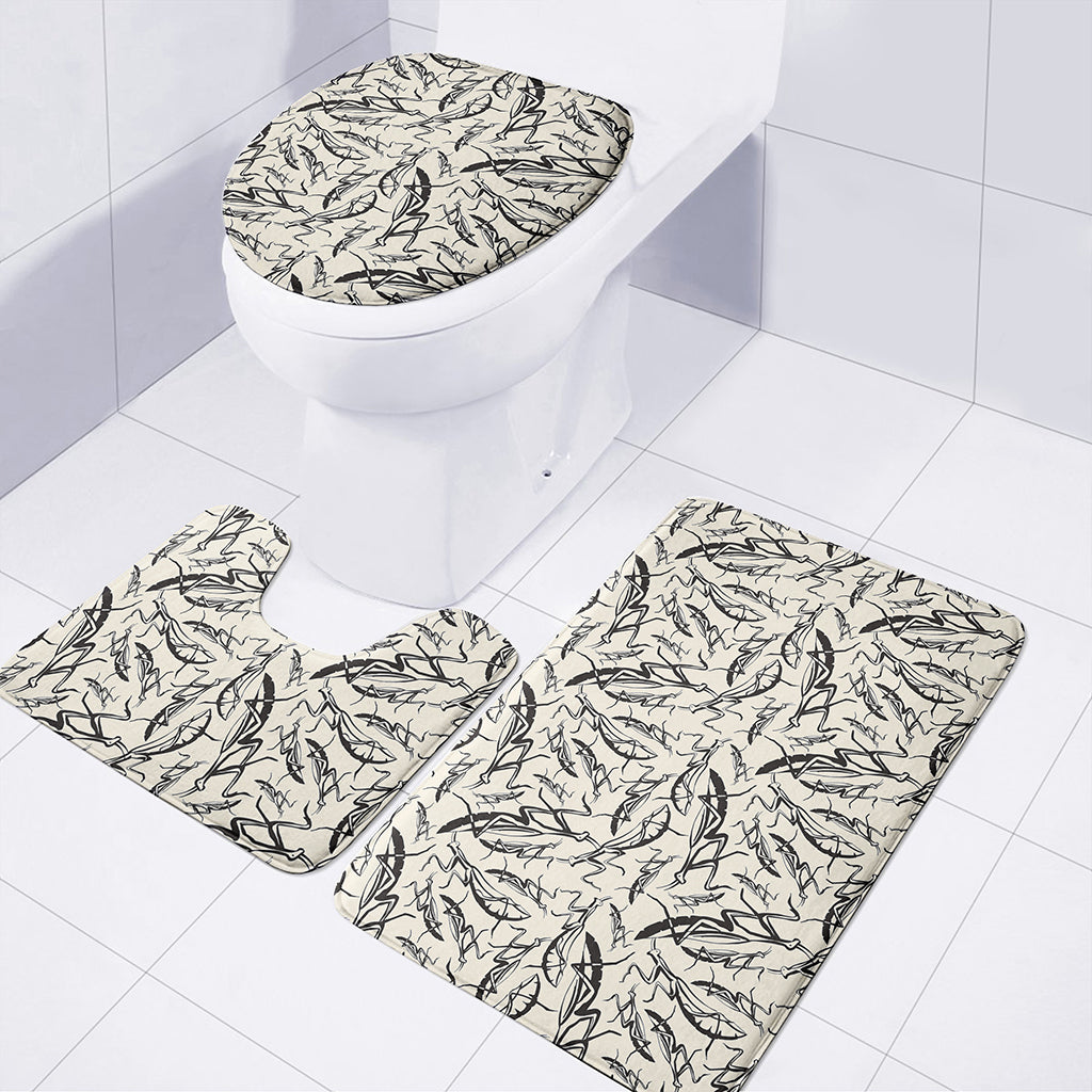 Hand Drawn Mantis Pattern Print 3 Piece Bath Mat Set