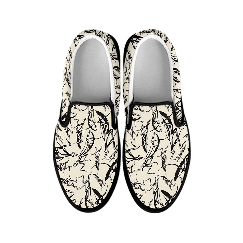 Hand Drawn Mantis Pattern Print Black Slip On Shoes