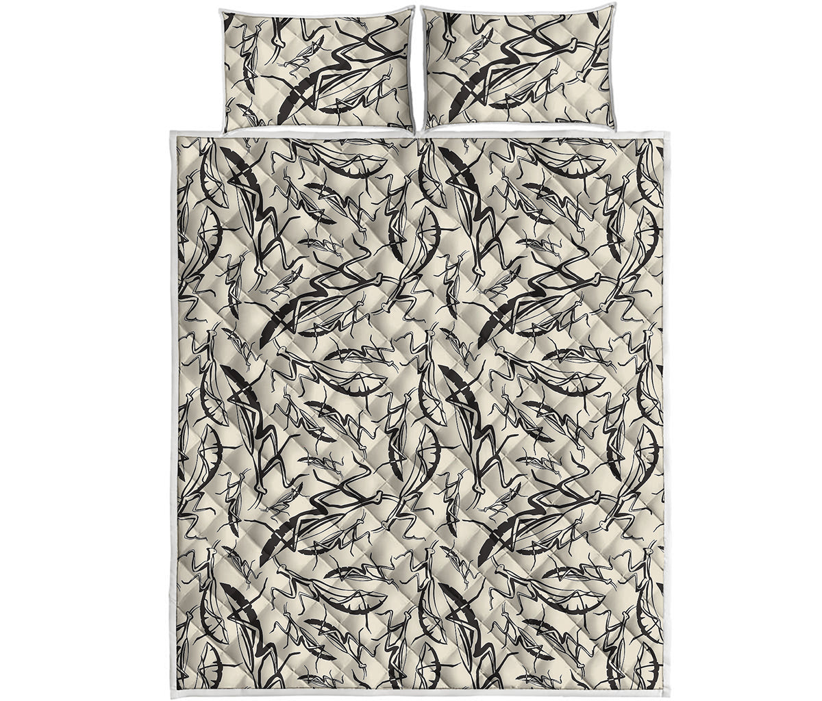 Hand Drawn Mantis Pattern Print Quilt Bed Set