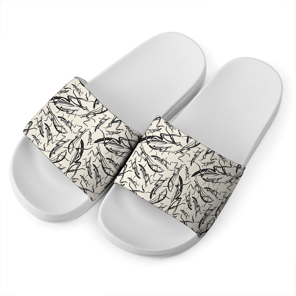 Hand Drawn Mantis Pattern Print White Slide Sandals