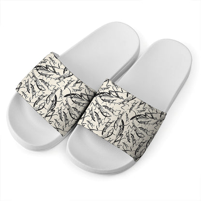 Hand Drawn Mantis Pattern Print White Slide Sandals