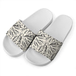 Hand Drawn Mantis Pattern Print White Slide Sandals