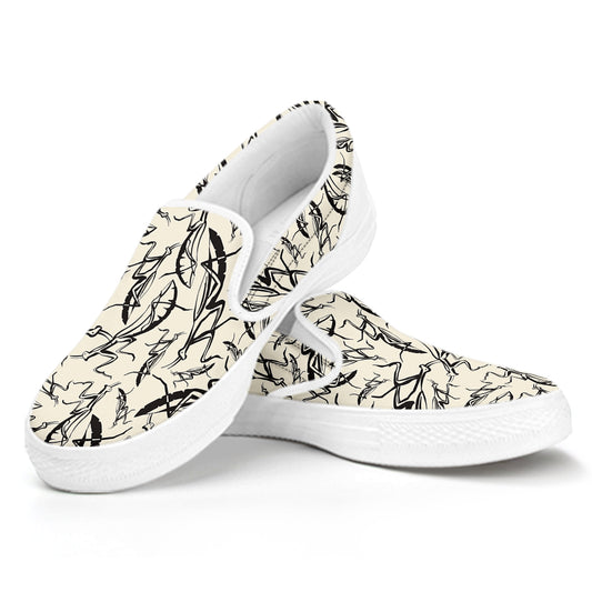 Hand Drawn Mantis Pattern Print White Slip On Shoes