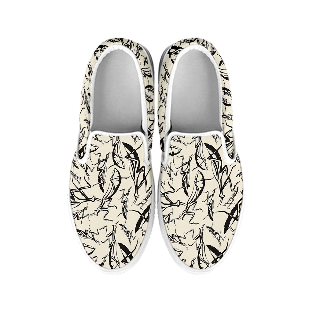 Hand Drawn Mantis Pattern Print White Slip On Shoes