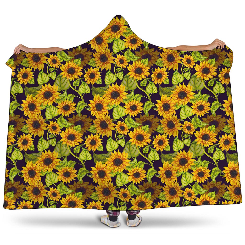 Hand Drawn Sunflower Pattern Print Hooded Blanket