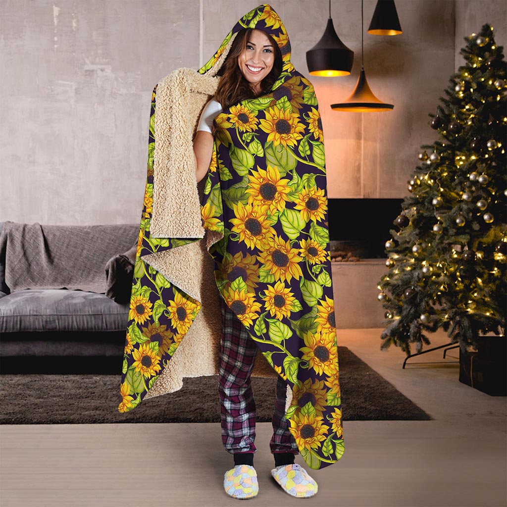 Hand Drawn Sunflower Pattern Print Hooded Blanket