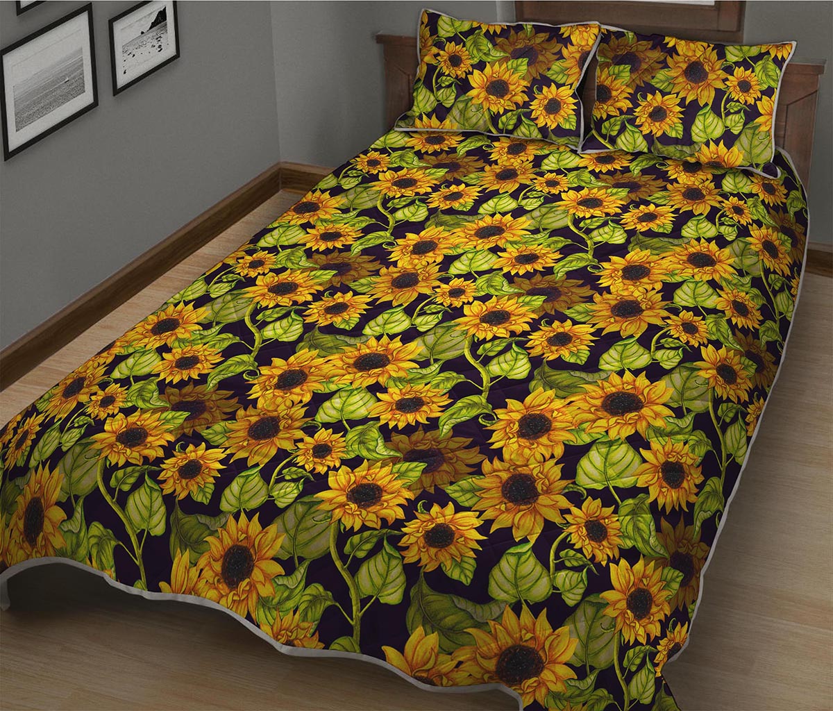 Hand Drawn Sunflower Pattern Print Quilt Bed Set