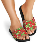 Hand Drawn Tomato Pattern Print Black Slide Sandals