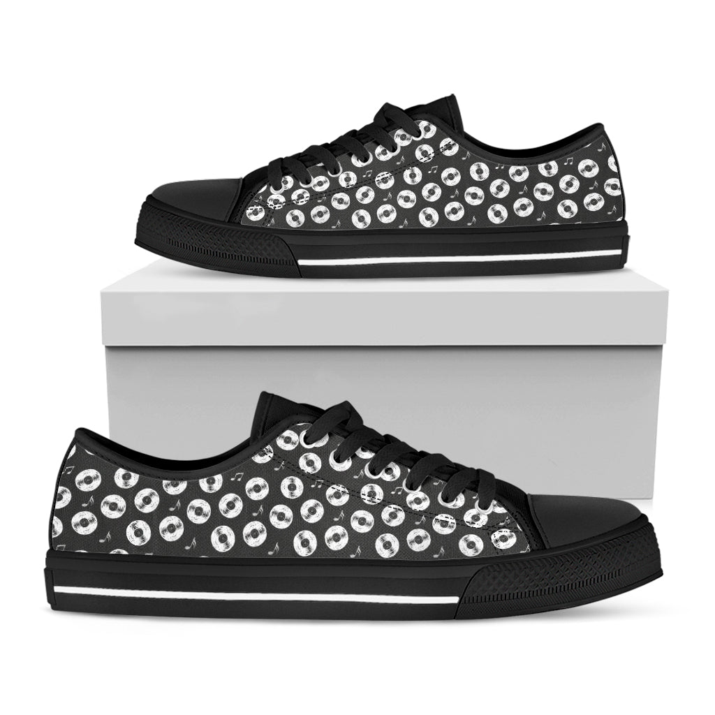 Hand Drawn Vinyl Record Pattern Print Black Low Top Shoes