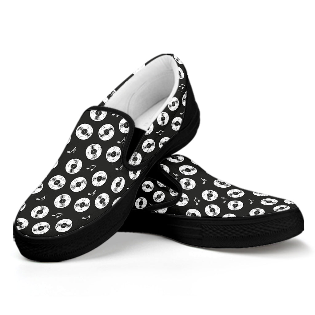 Hand Drawn Vinyl Record Pattern Print Black Slip On Shoes