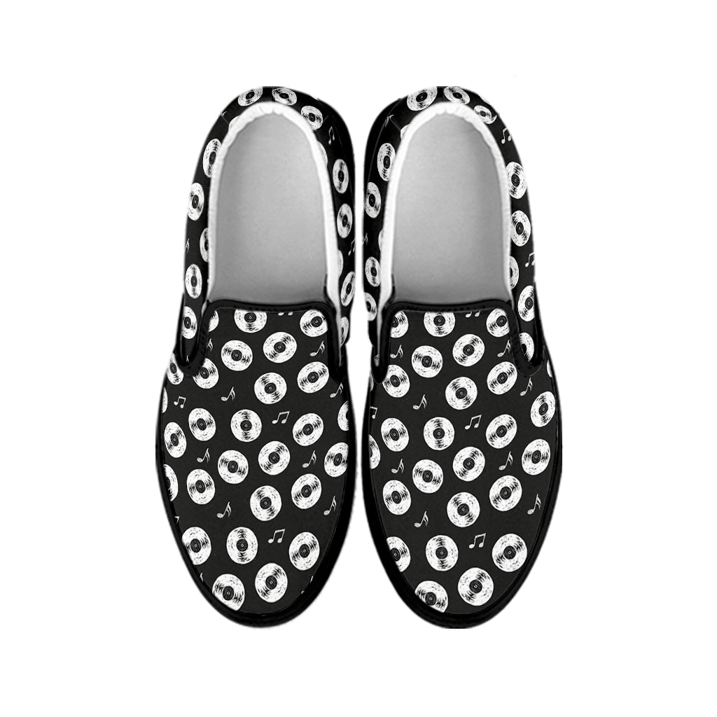 Hand Drawn Vinyl Record Pattern Print Black Slip On Shoes