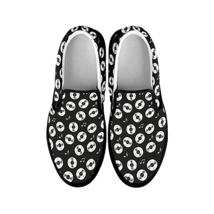 Hand Drawn Vinyl Record Pattern Print Black Slip On Shoes