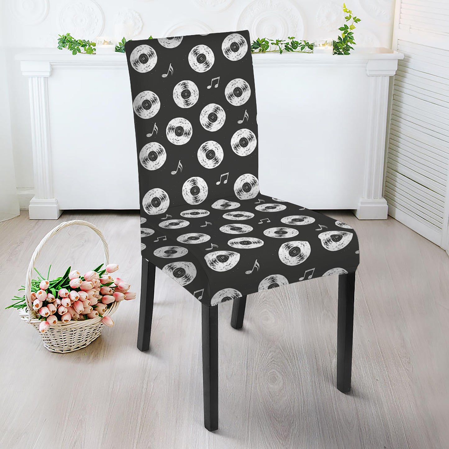 Hand Drawn Vinyl Record Pattern Print Dining Chair Slipcover