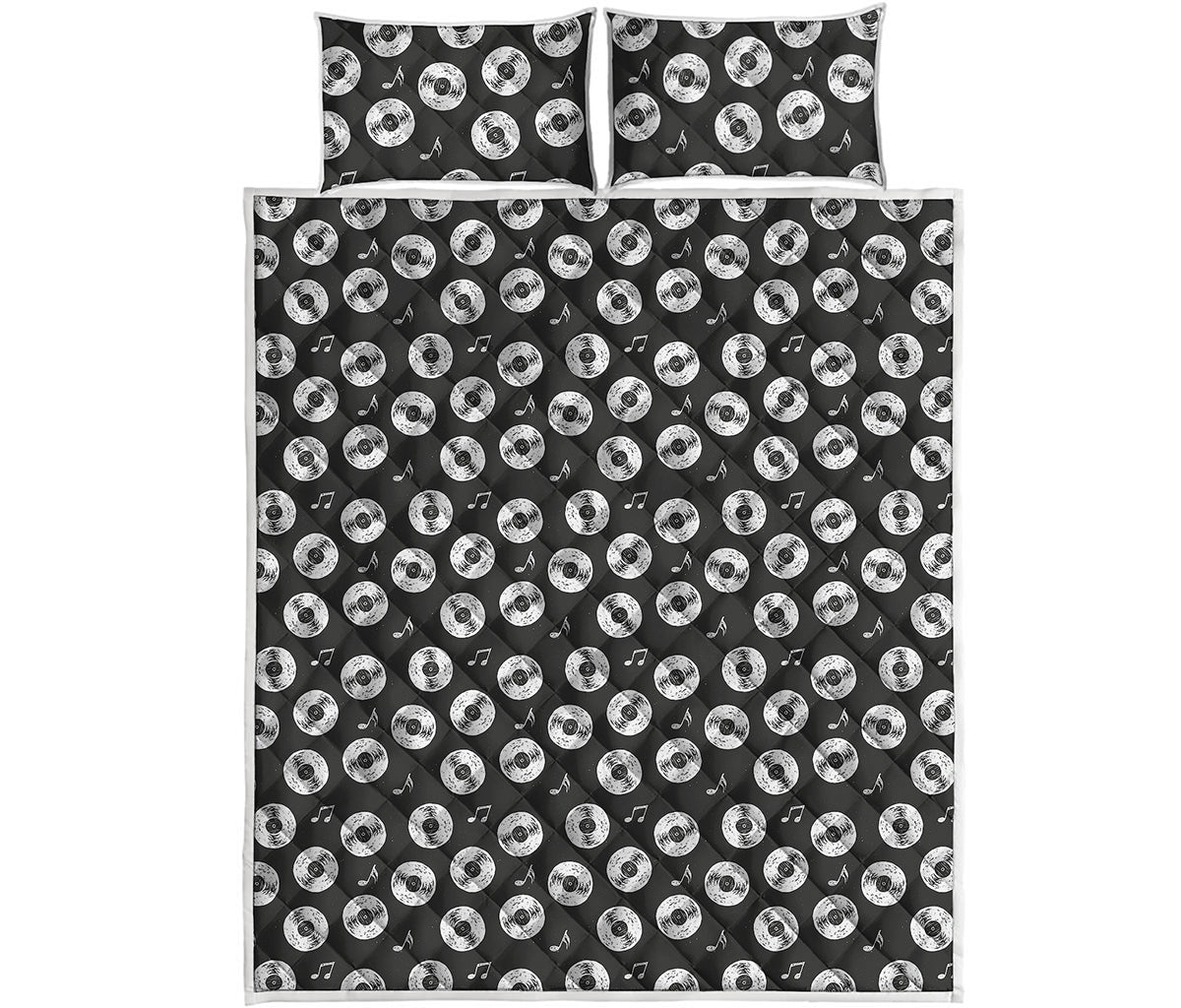 Hand Drawn Vinyl Record Pattern Print Quilt Bed Set