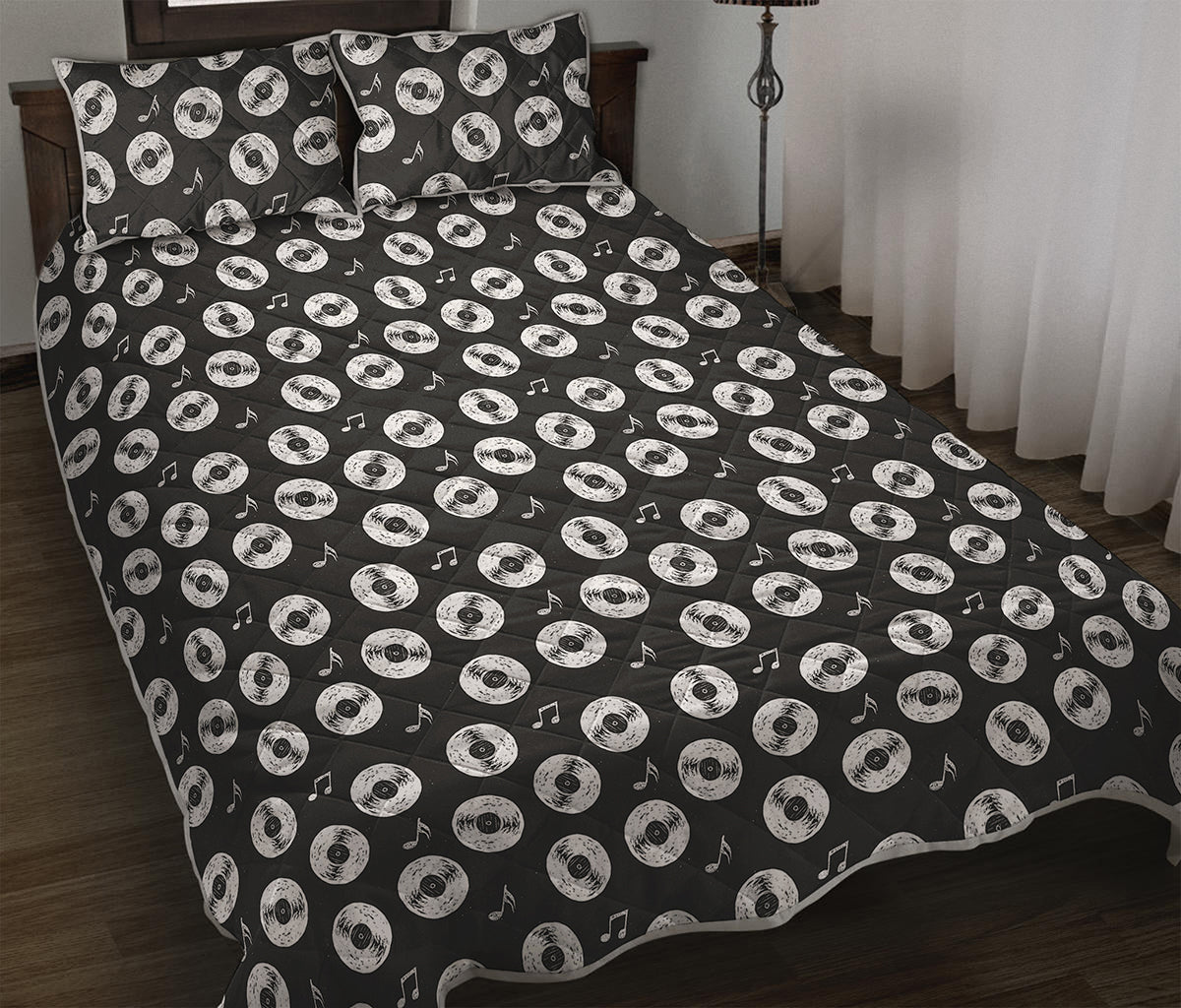 Hand Drawn Vinyl Record Pattern Print Quilt Bed Set