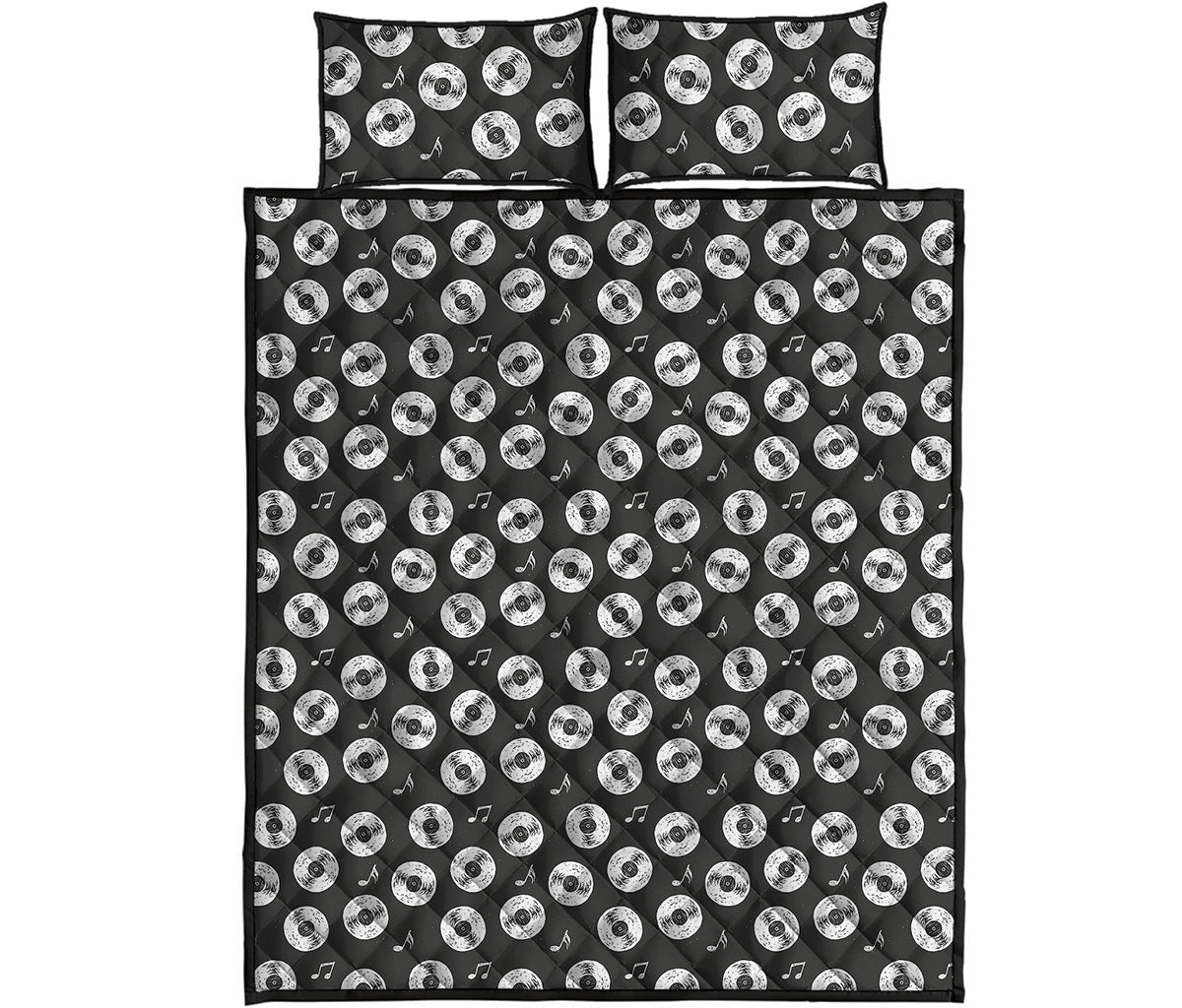 Hand Drawn Vinyl Record Pattern Print Quilt Bed Set