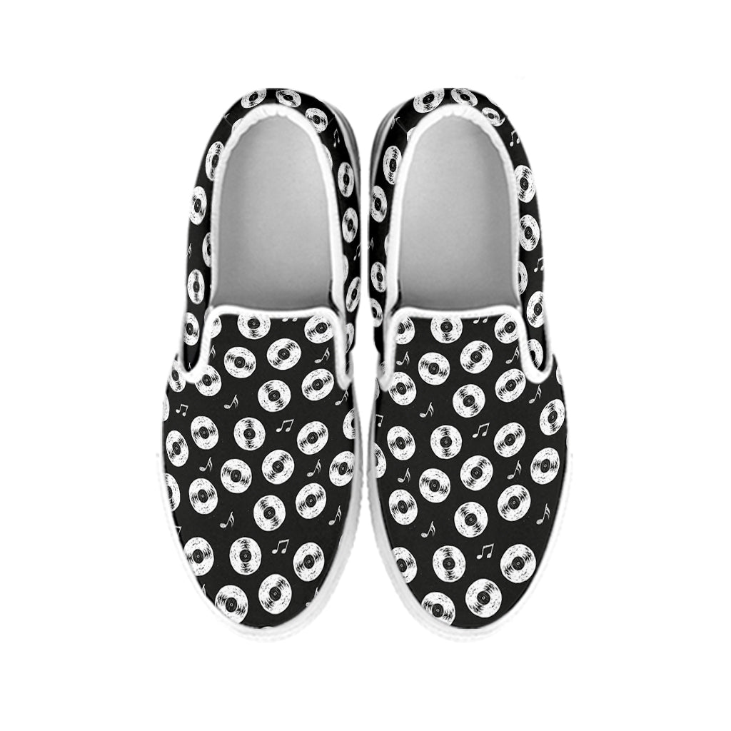 Hand Drawn Vinyl Record Pattern Print White Slip On Shoes