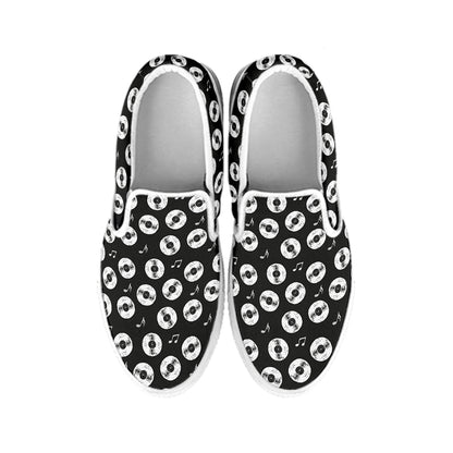 Hand Drawn Vinyl Record Pattern Print White Slip On Shoes