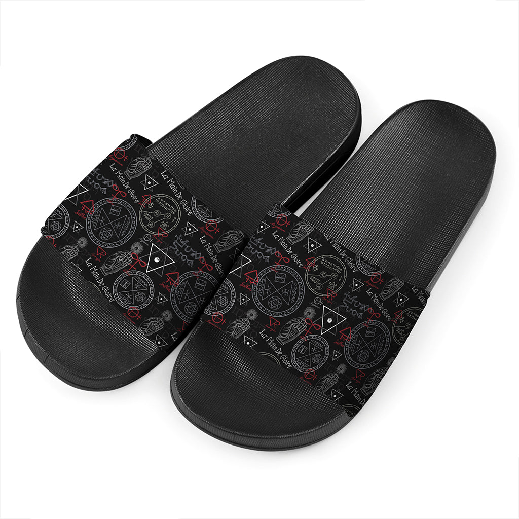 Hand Of Glory Black Magic Witch Print Black Slide Sandals
