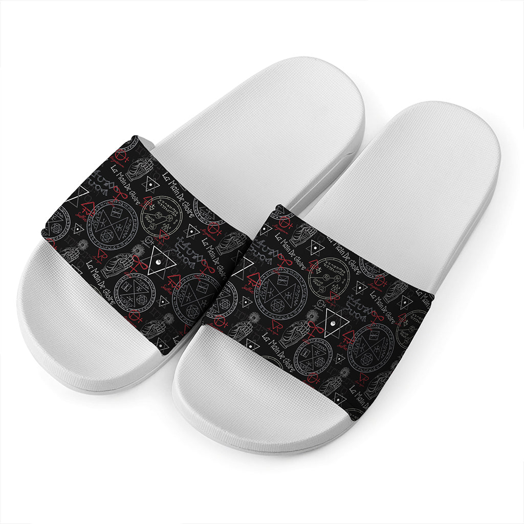 Hand Of Glory Black Magic Witch Print White Slide Sandals