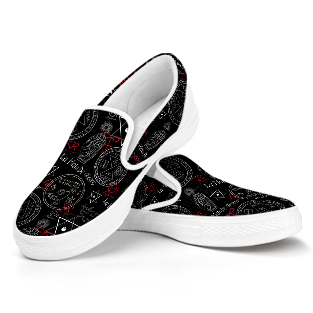 Hand Of Glory Black Magic Witch Print White Slip On Shoes