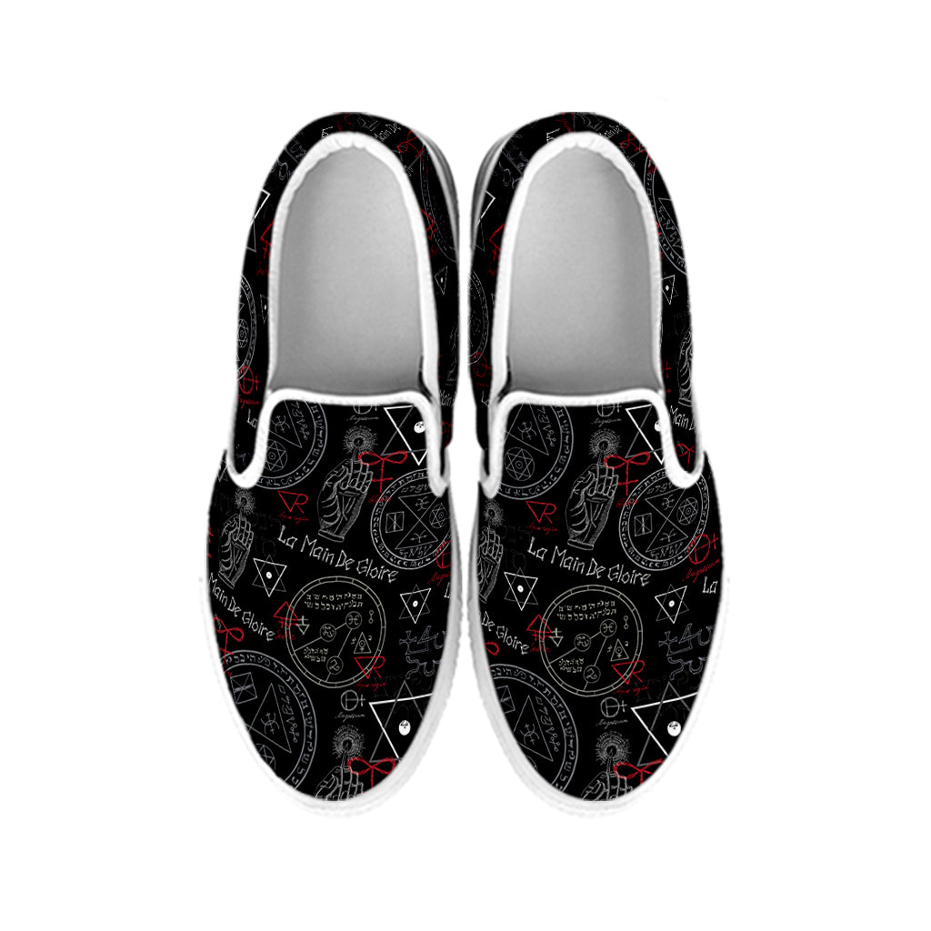 Hand Of Glory Black Magic Witch Print White Slip On Shoes