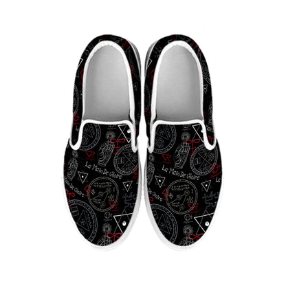 Hand Of Glory Black Magic Witch Print White Slip On Shoes