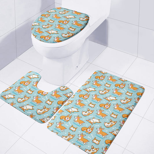 Happy Corgi Pattern Print 3 Piece Bath Mat Set
