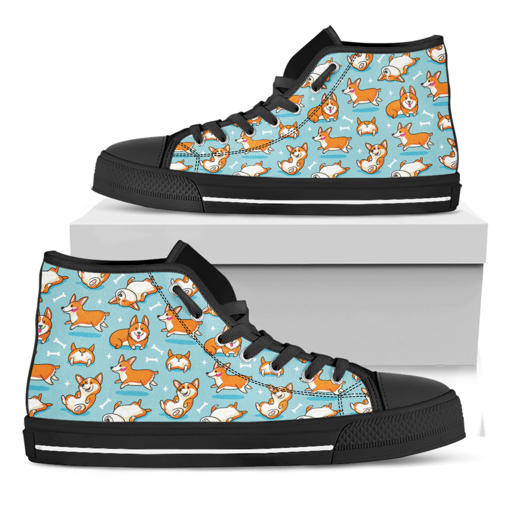 Happy Corgi Pattern Print Black High Top Shoes