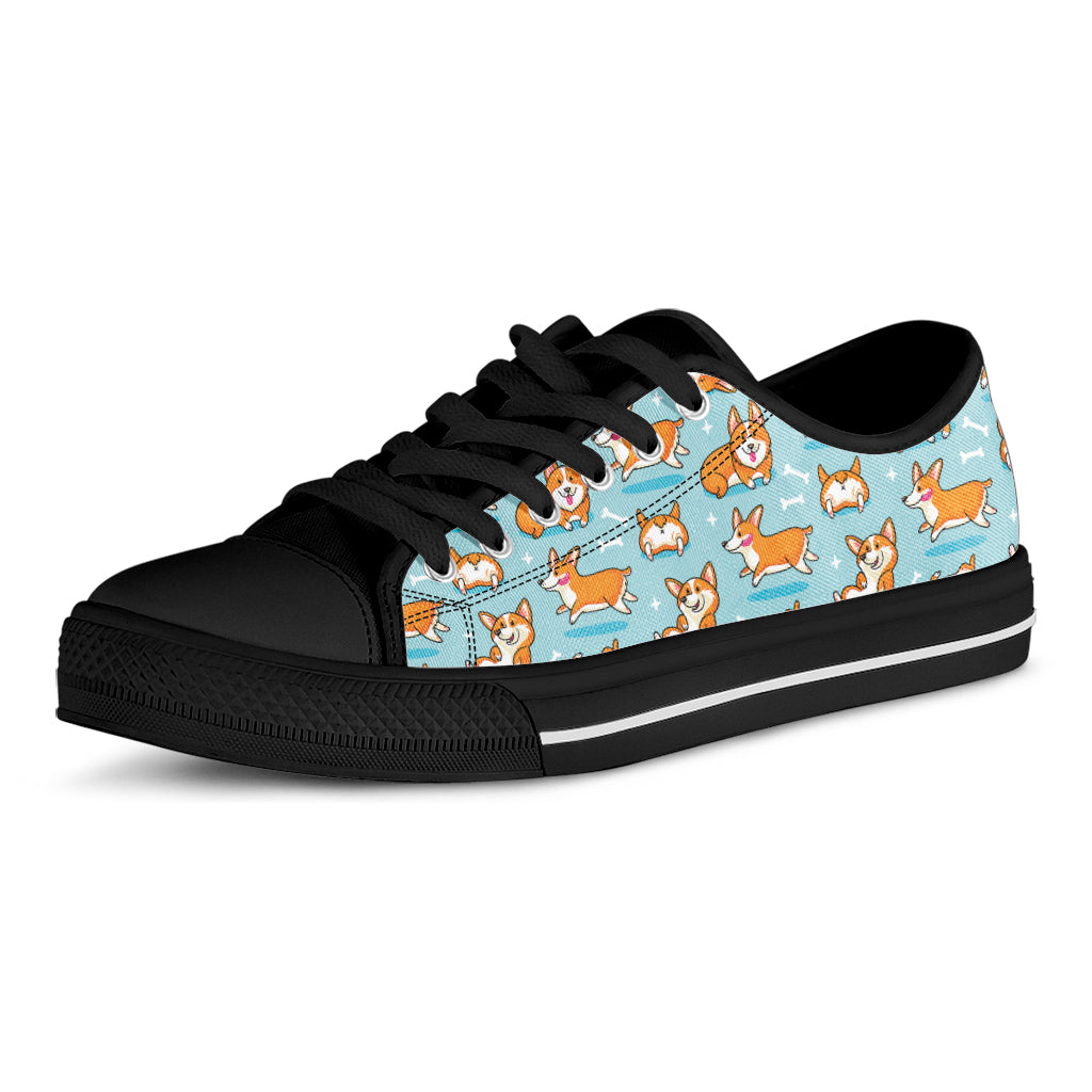 Happy Corgi Pattern Print Black Low Top Shoes