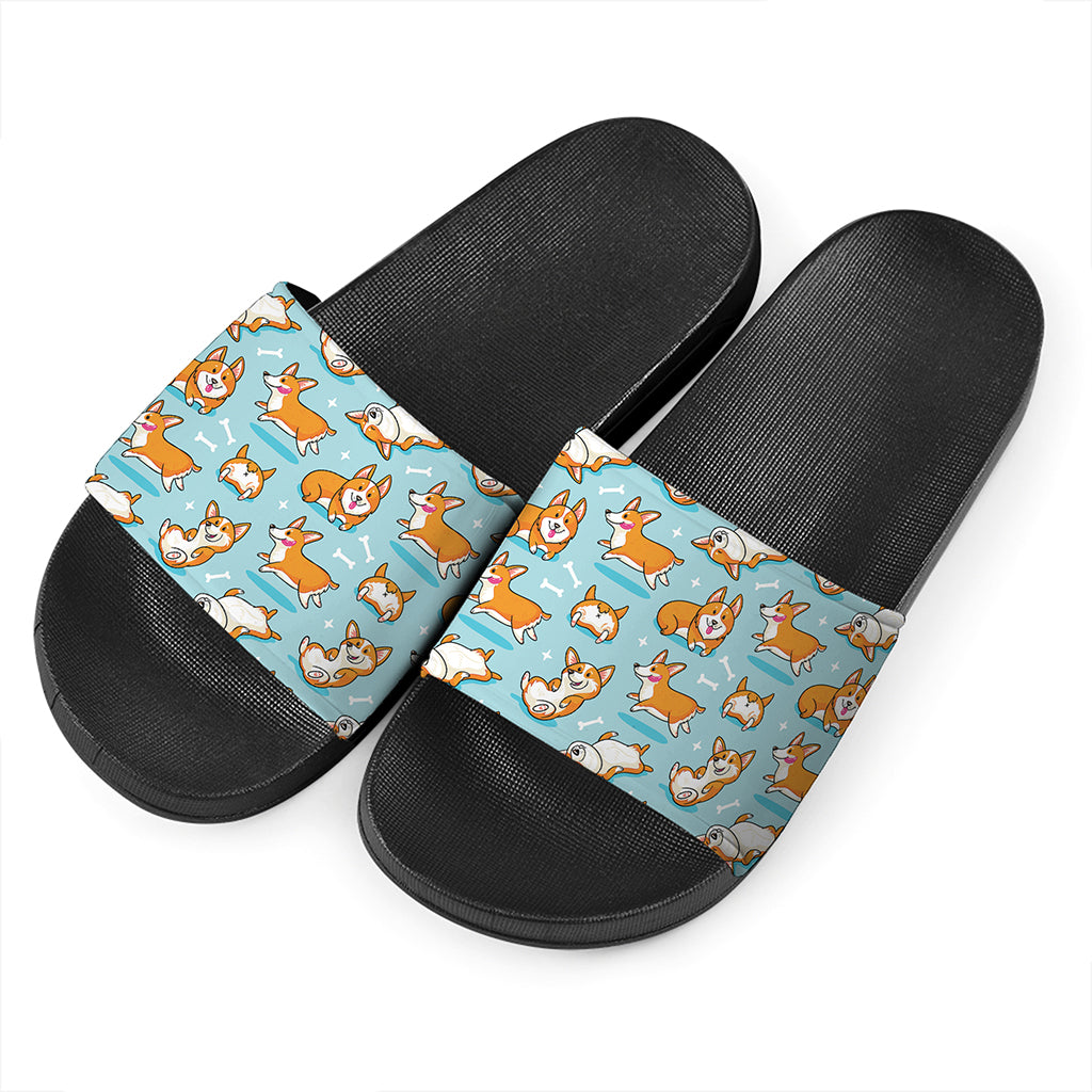 Happy Corgi Pattern Print Black Slide Sandals