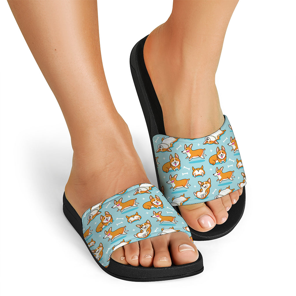 Happy Corgi Pattern Print Black Slide Sandals