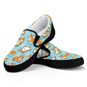 Happy Corgi Pattern Print Black Slip On Shoes