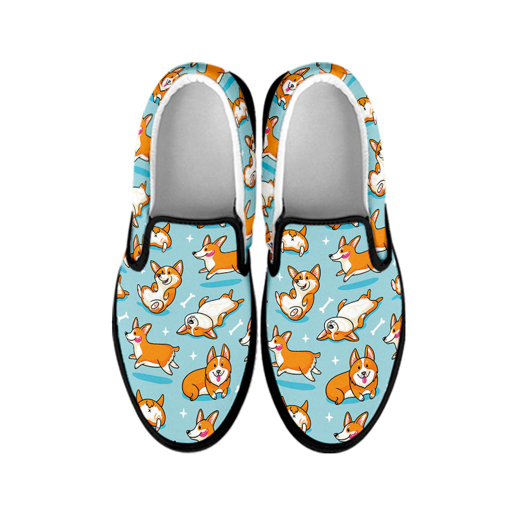 Happy Corgi Pattern Print Black Slip On Shoes