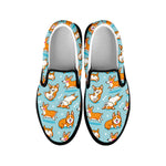 Happy Corgi Pattern Print Black Slip On Shoes