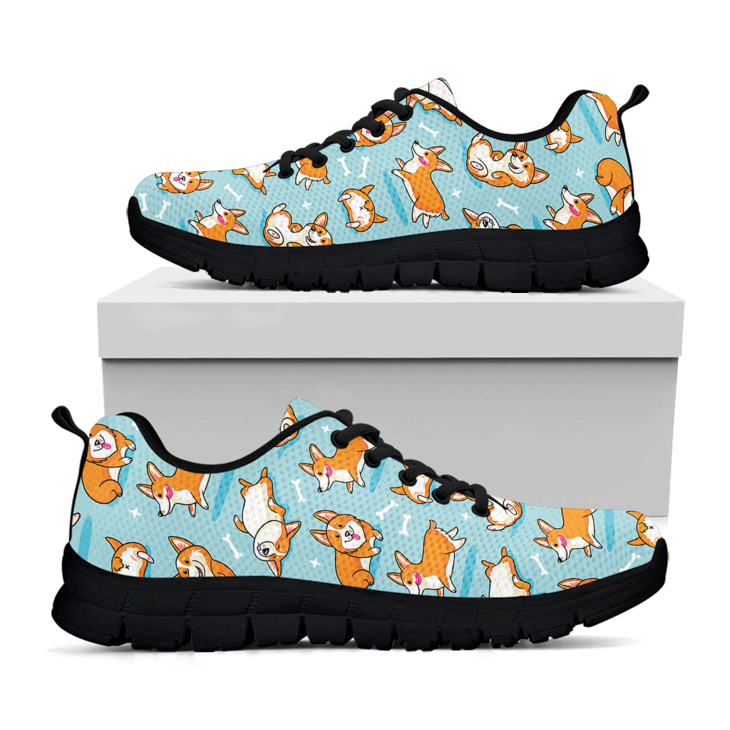 Happy Corgi Pattern Print Black Sneakers