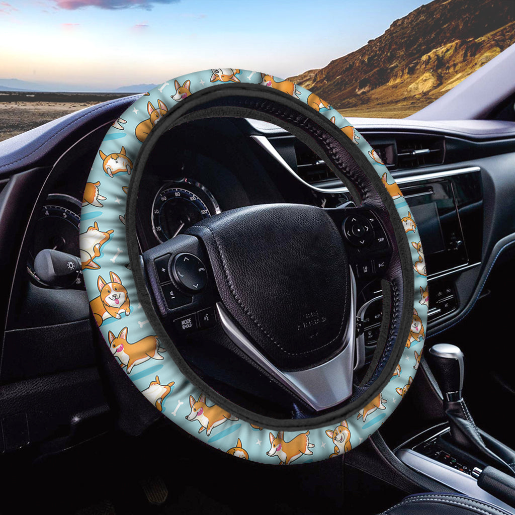 Happy Corgi Pattern Print Car Steering Wheel Cover