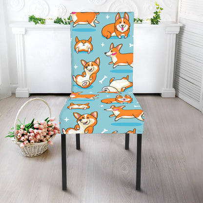 Happy Corgi Pattern Print Dining Chair Slipcover