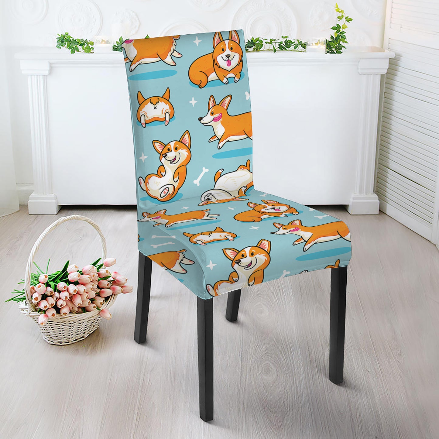 Happy Corgi Pattern Print Dining Chair Slipcover